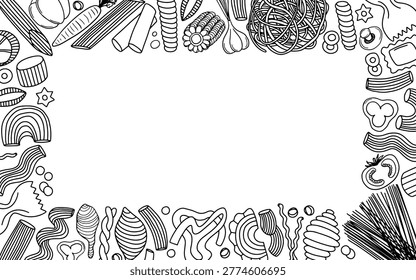 Pasta and vegetables frame in sketch style. Hand drawn food frame with pasta, spaghetti, kinds of vegetables