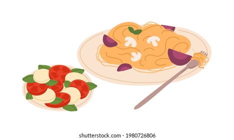 Pasta with vegetables and mushrooms, Caprese salad with tomatoes, mozzarella, and basil. Served vegetarian dishes of Italian cuisine. Colored flat vector illustration isolated on white background