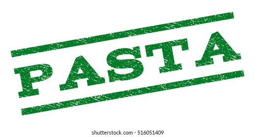 Pasta watermark stamp. Text tag between parallel lines with grunge design style. Rubber seal stamp with unclean texture. Vector green color ink imprint on a white background.