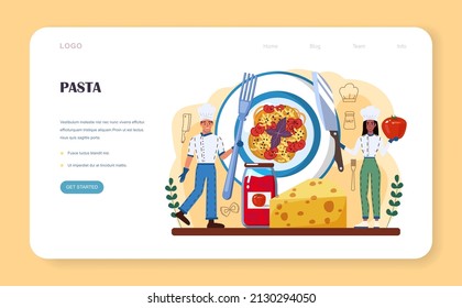 Pasta web banner or landing page. Homemade italian food with cheese, meat and vegetable ingredients. Spaghetti, farfalle, fettuccine and ravioli pasta. Flat vector illustration