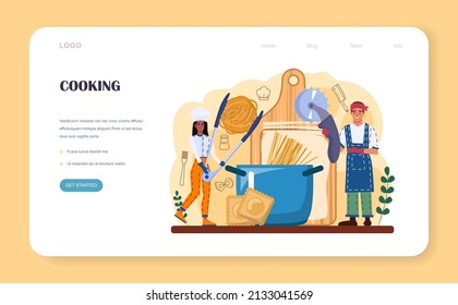Pasta web banner or landing page. Homemade italian food with cheese, meat and vegetable ingredients. Spaghetti, farfalle, fettuccine and ravioli pasta. Flat vector illustration