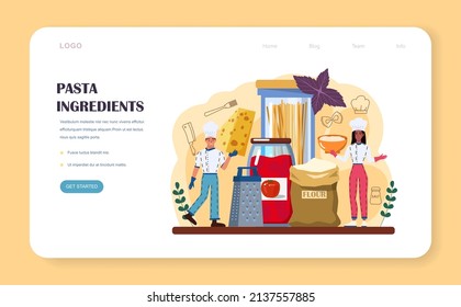 Pasta web banner or landing page. Homemade italian food with cheese, meat and vegetable ingredients. Spaghetti, farfalle, fettuccine and ravioli pasta. Flat vector illustration