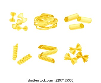 Pasta of Wheat Flour of Different Shapes and Forms for Cooking and Culinary Vector Set