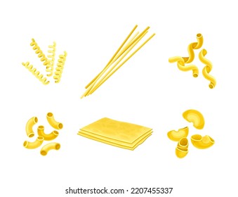 Pasta de harina de trigo de diferentes formas y formas para cocinar y vectores culinarios