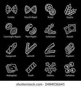 Pasta, white line icons. Various shapes of pasta farfalle, fusilli, rigatoni, and more. Ideal for culinary and food themes. Symbols on black background. Editable stroke.