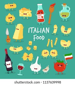 Pasta, wine, cheese, olive oil, sauce, tomato, garlic, Parmesan funny Ingredients set for Italian pasta. You can use for cards, fridge magnets, stickers, posters or restaurant menu. 