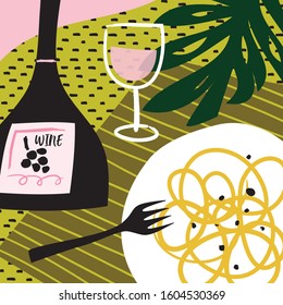 Pasta and wine dinner menu. Italian food. Spaghetti with pepper table top view. Geometric trendy vector elements. Rose glass of wine and bottle with monstera leave at the background. - Vector