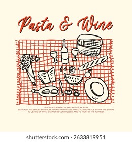 pasta and wine picnic time retro check plate bread cheese park life slogan typography print artwork vector brush abstract 