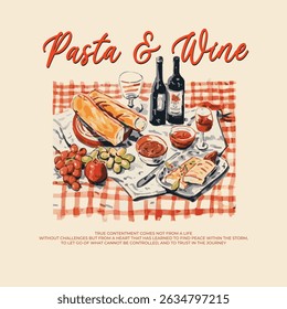 pasta and wine picnic time retro check plate bread cheese park life slogan typography print artwork vector brush abstract 