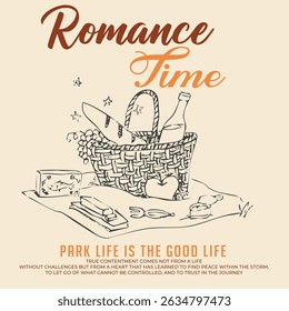 pasta and wine picnic time retro check plate bread cheese park life slogan typography print artwork vector brush abstract 