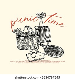pasta and wine picnic time retro check plate bread cheese park life slogan typography print artwork vector brush abstract 