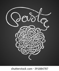 Pasta word  and spaghetti snarl drawn on chalkboard