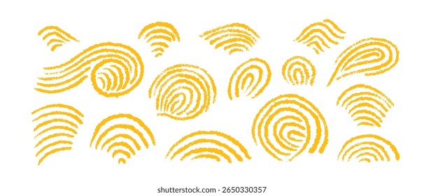 Pasta, yellow ramen, spaghetti chalk set. Macaroni, tagliatelle yellow texture sign. Wavy abstract vector lanes, curvy nature illustration. Traditional food. Kitchen decor