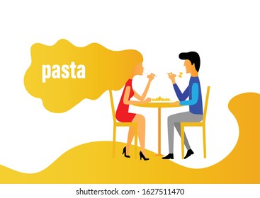 Pasta. Young people sit at the table, have lunch. Minimal flat design. Template, banner for website. Vector illustration.