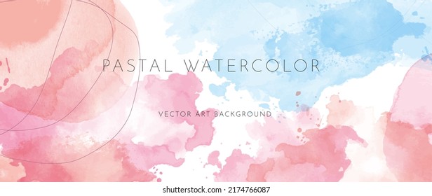 Pastal watercolor art background vector. Wallpaper design with paint brush and abstract line art. Pastal blue, pink and orange watercolor Illustration for prints, wall art, cover and invitation cards.