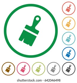Paste with brush flat color icons in round outlines on white background