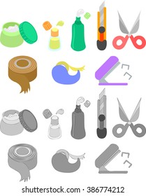 Paste, cutter, scissors, packing tape, adhesive tape, and stapler.