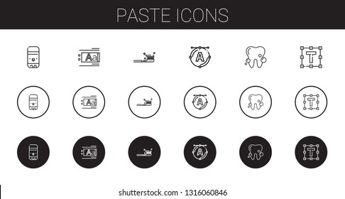 paste icons set. Collection of paste with glue stick, text editor, tooth brush, font, tooth, text formatting. Editable and scalable paste icons.