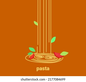 Paste logo vector template on orange background. Vector illustration of pasta, swirls of pasta with tomato and basil