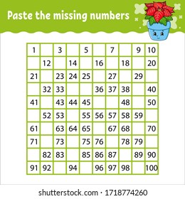 Paste the missing numbers from 1 to 100. Handwriting practice. Learning numbers for kids. Education developing worksheet. Activity page. Game for children. Isolated vector illustration.