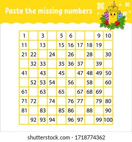 Paste the missing numbers from 1 to 100. Handwriting practice. Learning numbers for kids. Education developing worksheet. Activity page. Game for children. Isolated vector illustration.