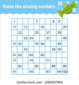 Paste the missing numbers from 1 to 100. Handwriting practice. Learning numbers for kids. Education developing worksheet. Activity page. Game for children.