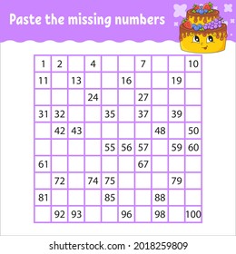 Paste the missing numbers from 1 to 100. Handwriting practice. Learning numbers for kids. Education developing worksheet. Activity page. Game for children.