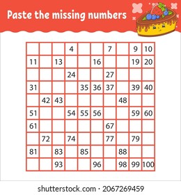 Paste the missing numbers from 1 to 100. Handwriting practice. Learning numbers for kids. Education developing worksheet. Activity page. Game for children.