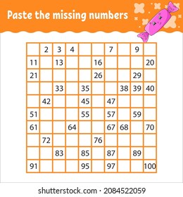 Paste the missing numbers from 1 to 100. Handwriting practice. Learning numbers for kids. Education developing worksheet. Activity page. Game for children.