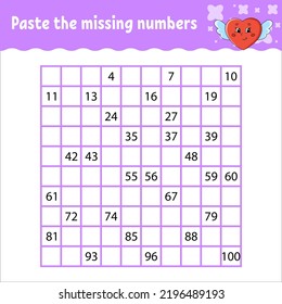 Paste the missing numbers from 1 to 100. Handwriting practice. Learning numbers for kids. Education developing worksheet. Activity page. Isolated vector illustration in cute cartoon style.