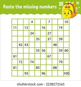 Paste the missing numbers from 1 to 100. Handwriting practice. Learning numbers for kids. Education developing worksheet. Activity page. Vector illustration.