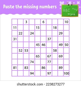 Paste the missing numbers from 1 to 100. Handwriting practice. Learning numbers for kids. Education developing worksheet. Activity page. Vector illustration.