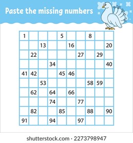 Paste the missing numbers from 1 to 100. Handwriting practice. Learning numbers for kids. Education developing worksheet. Activity page. Isolated vector illustration in cute cartoon style.