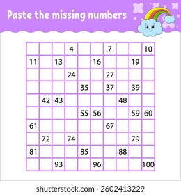 Paste the missing numbers from 1 to 100. Handwriting practice. Learning numbers for kids. Education developing worksheet. Activity page. Vector illustration.