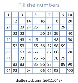Paste the missing numbers from 1 to 100. Handwriting practice. Learning numbers for kids. Education developing worksheet. Activity page. Game for children. Missing Numbers Worksheet 1-100. 18