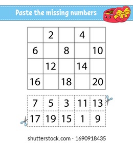 Paste the missing numbers 1-20. Game for children. Handwriting practice. Learning numbers for kids. Education developing worksheet. Activity page. Isolated vector illustration in cute cartoon style.