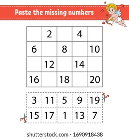 Paste the missing numbers 1-20. Game for children. Handwriting practice. Learning numbers for kids. Education developing worksheet. Activity page. Isolated vector illustration in cute cartoon style.