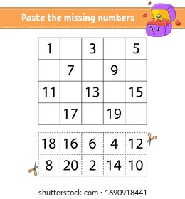Paste the missing numbers 1-20. Game for children. Handwriting practice. Learning numbers for kids. Education developing worksheet. Activity page. Isolated vector illustration in cute cartoon style.
