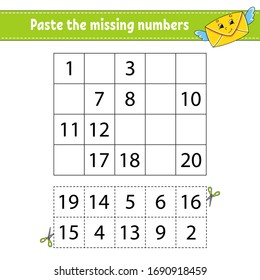 Paste the missing numbers 1-20. Game for children. Handwriting practice. Learning numbers for kids. Education developing worksheet. Activity page. Isolated vector illustration in cute cartoon style.