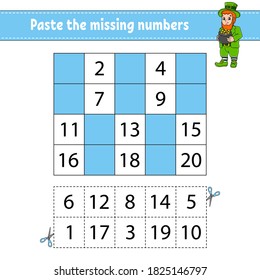 Paste the missing numbers 1-20. Game for children. Handwriting practice. Learning numbers for kids. Education developing worksheet. Activity page. Isolated vector illustration in cute cartoon style.