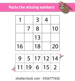 Paste the missing numbers 1-20. Game for children. Handwriting practice. Learning numbers for kids. Education developing worksheet. Activity page. Isolated vector illustration in cute cartoon style.
