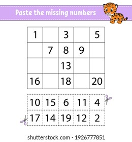 Paste the missing numbers 1-20. Game for children. Handwriting practice. Learning numbers for kids. Education developing worksheet. Activity page. Isolated vector illustration in cute cartoon style.