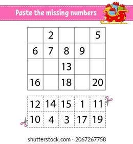 Paste the missing numbers 1-20. Game for children. Handwriting practice. Learning numbers for kids. Education developing worksheet. Activity page. Isolated vector illustration in cute cartoon style.