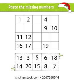 Paste the missing numbers 1-20. Game for children. Handwriting practice. Learning numbers for kids. Education developing worksheet. Activity page. Isolated vector illustration in cute cartoon style.