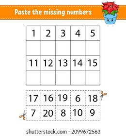 Paste the missing numbers 1-20. Game for children. Handwriting practice. Learning numbers for kids. Education developing worksheet. Activity page. Isolated vector illustration in cute cartoon style.