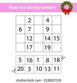 Paste the missing numbers 1-20. Game for children. Handwriting practice. Learning numbers for kids. Education developing worksheet. Activity page. Isolated vector illustration in cute cartoon style.