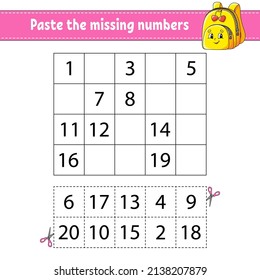 Paste the missing numbers 1-20. Game for children. Handwriting practice. Learning numbers for kids. Education developing worksheet. Activity page. Isolated vector illustration in cute cartoon style.