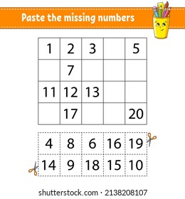 Paste the missing numbers 1-20. Game for children. Handwriting practice. Learning numbers for kids. Education developing worksheet. Activity page. Isolated vector illustration in cute cartoon style.