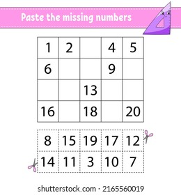 Paste the missing numbers 1-20. Game for children. Handwriting practice. Learning numbers for kids. Education developing worksheet. Activity page. Isolated vector illustration in cute cartoon style.