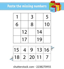 Paste the missing numbers 1-20. Game for children. Handwriting practice. Learning numbers for kids. Education developing worksheet. Activity page. Isolated vector illustration in cute cartoon style.